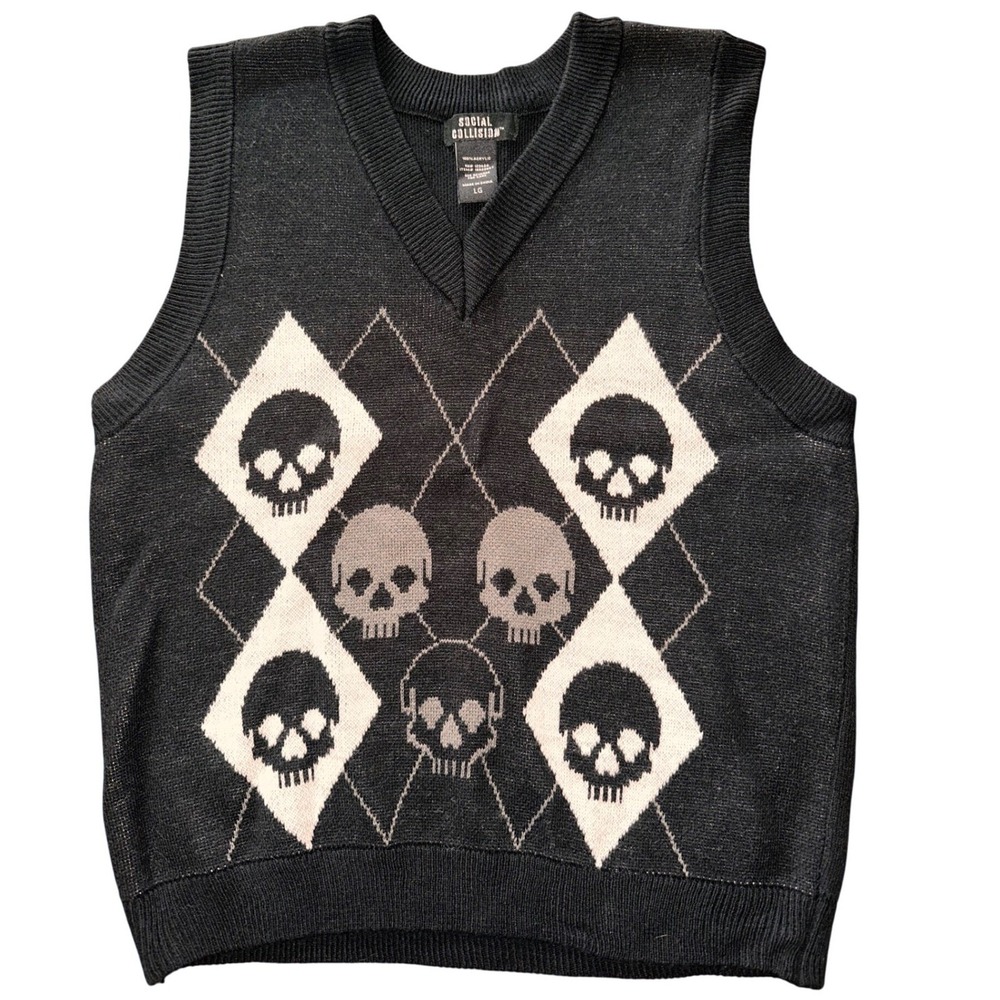 Social Collision Black Skull Argyle Knit Sweater Vest Goth Punk Emo Large